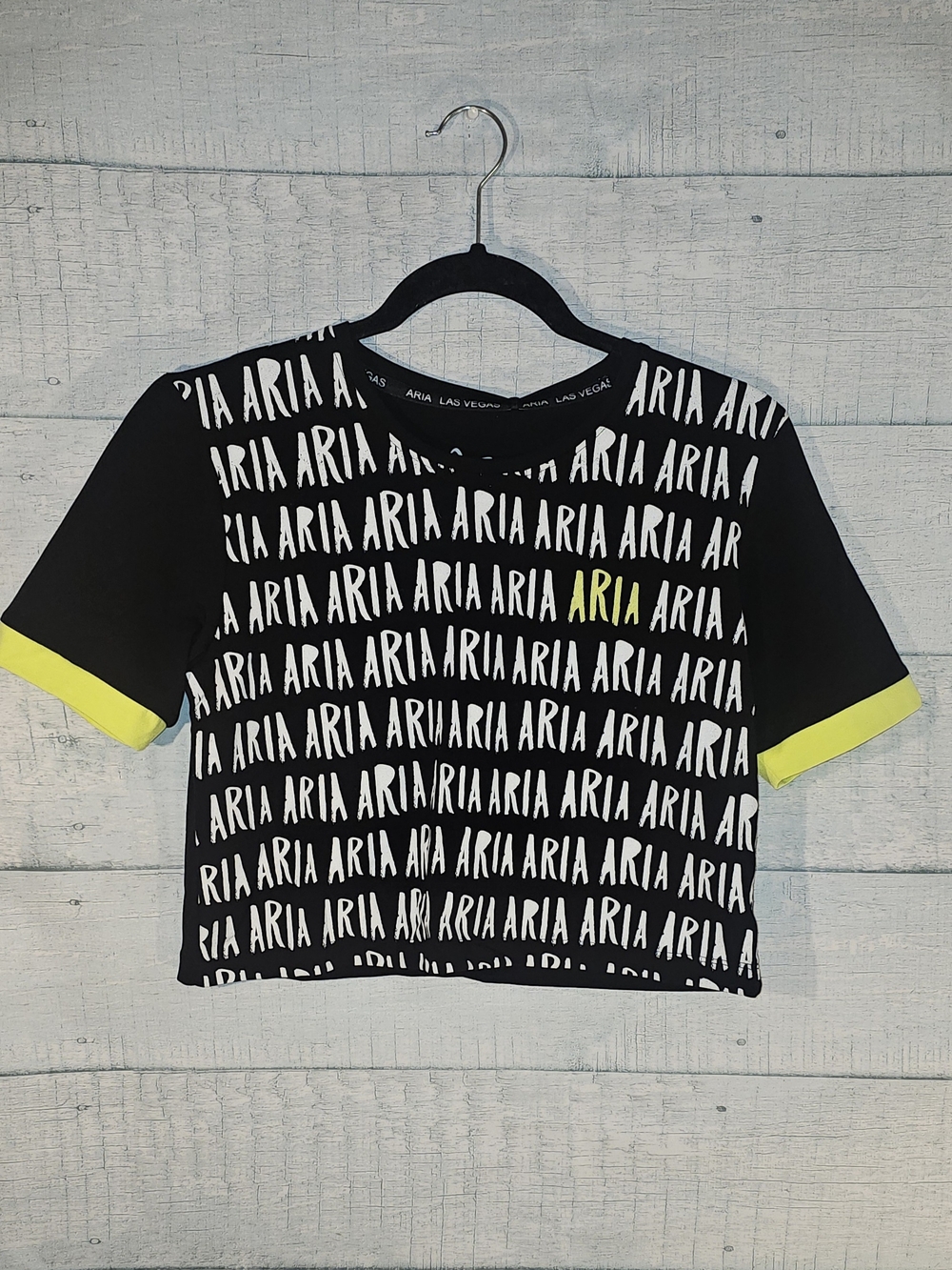 Aria Casino Black Crop Tee with Neon Yellow Accents